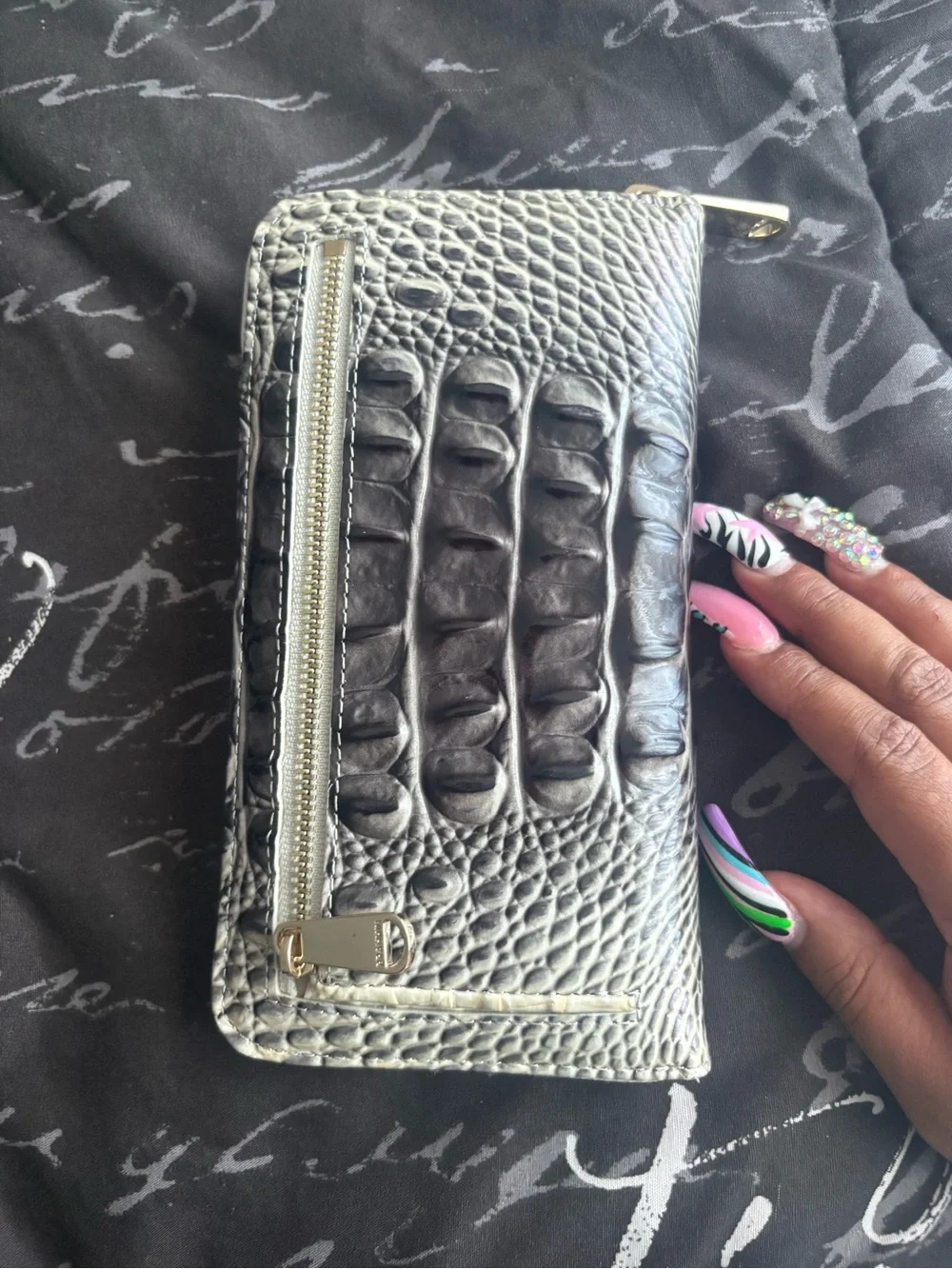 Brahmin Silver Croc-Embossed Zip Wallet